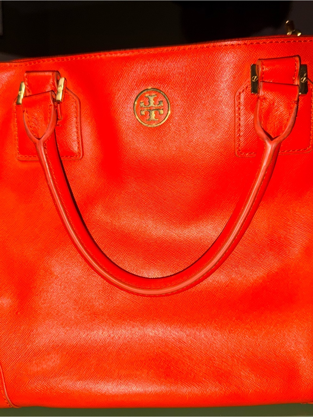 Tory Burch Orange Robinson Double Zip Top Handle Tote with Gold Logo